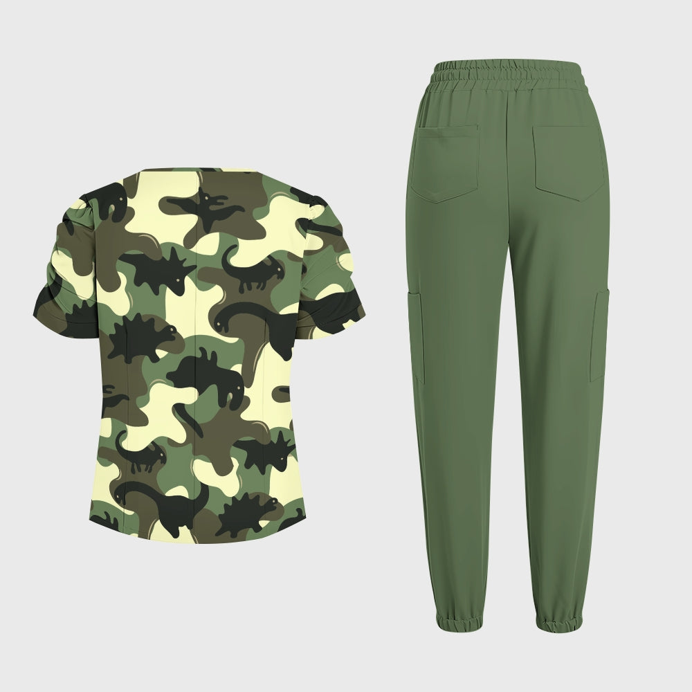 Women's Puff Sleeves Camouflage Scrub Set SAA8