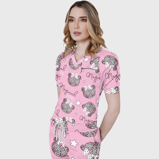 Women's Puff Sleeves Leopard Element Printed Scrub Set SAA18
