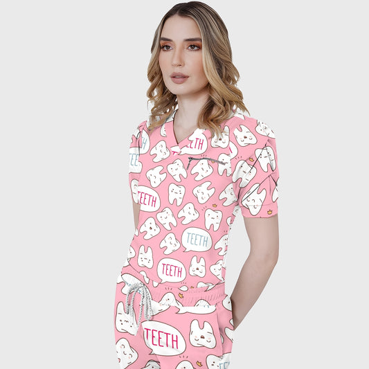 Women's Puff Sleeves Cute Teeth Printed Scrub Set SAA20