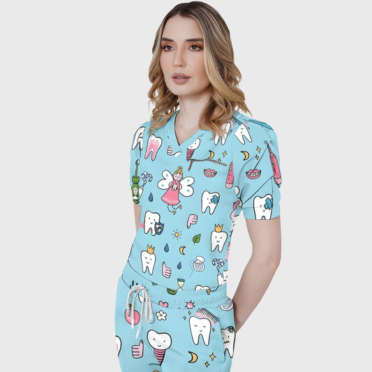 Women's Puff Sleeves Cute Teeth Printed Scrub Set SAA21