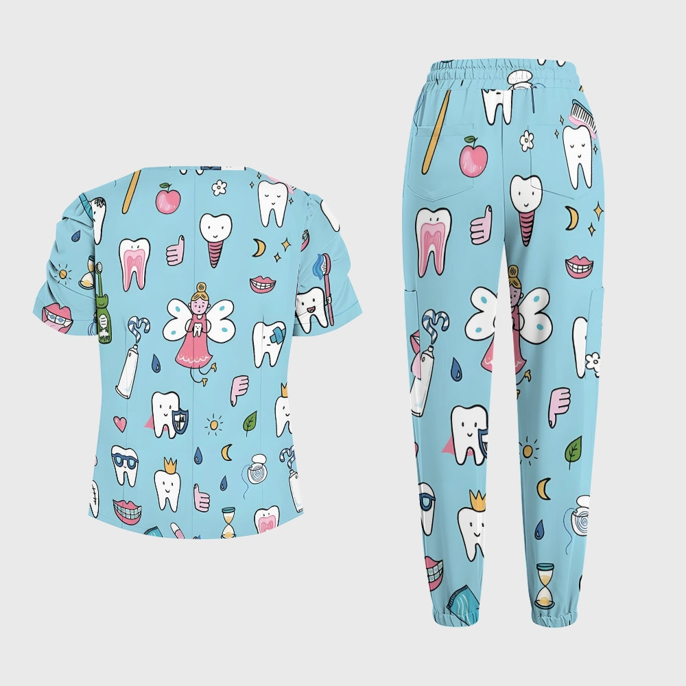 Women's Puff Sleeves Cute Teeth Printed Scrub Set SAA21