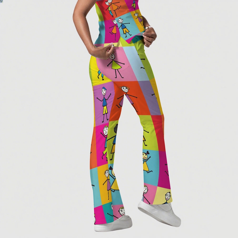 Women's Stand-Up Tie Zipper Cartoon Printed Scrub Set ST91011