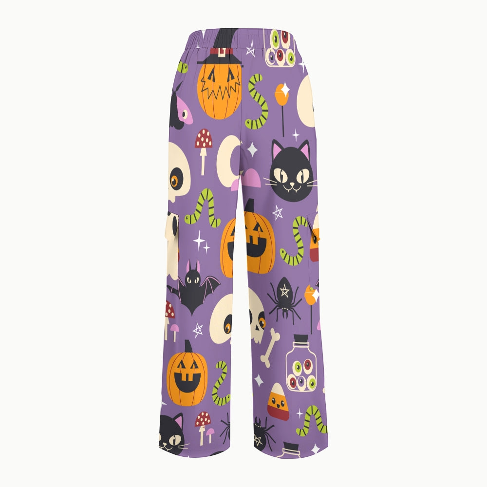 Women's Stand-Up Tie Zipper Halloween Printed Scrub Set SF91217