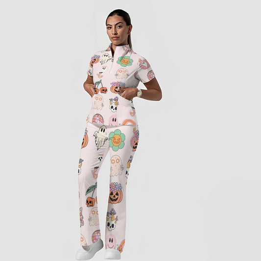 Women's Stand-Up Tie Zipper Halloween Printed Scrub Set ST9122