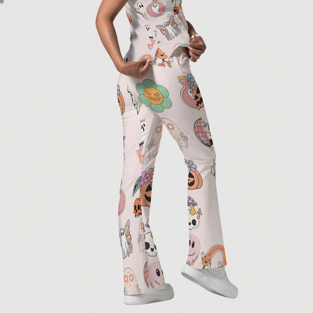 Women's Stand-Up Tie Zipper Halloween Printed Scrub Set ST9122