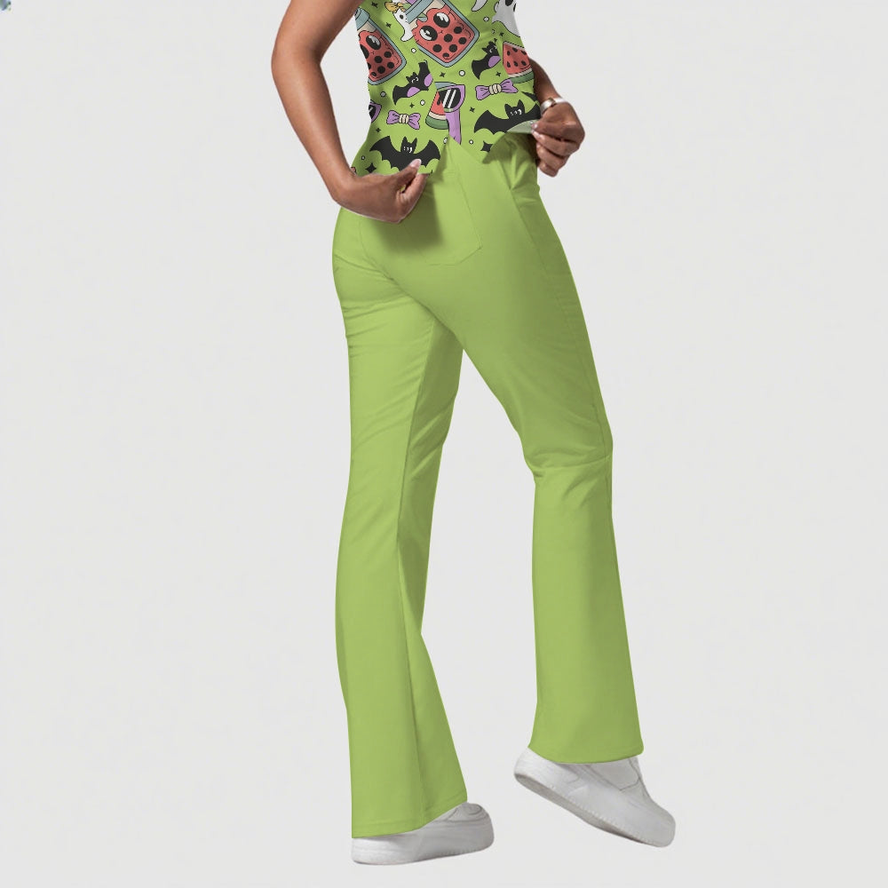 Women's Stand-Up Tie Zipper Halloween Printed Scrub Set ST9125