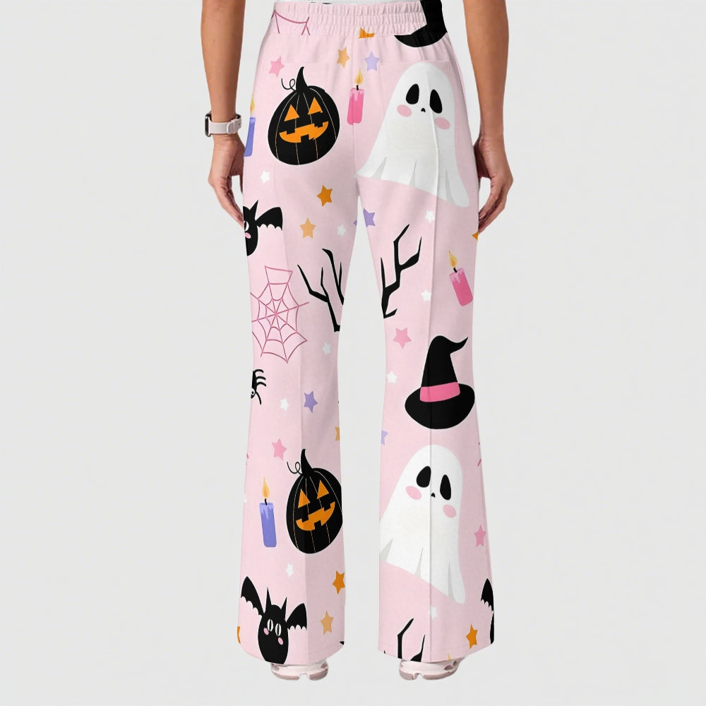 Women's Casual Shirt Collar Halloween Printed Scrub Set SJ9179