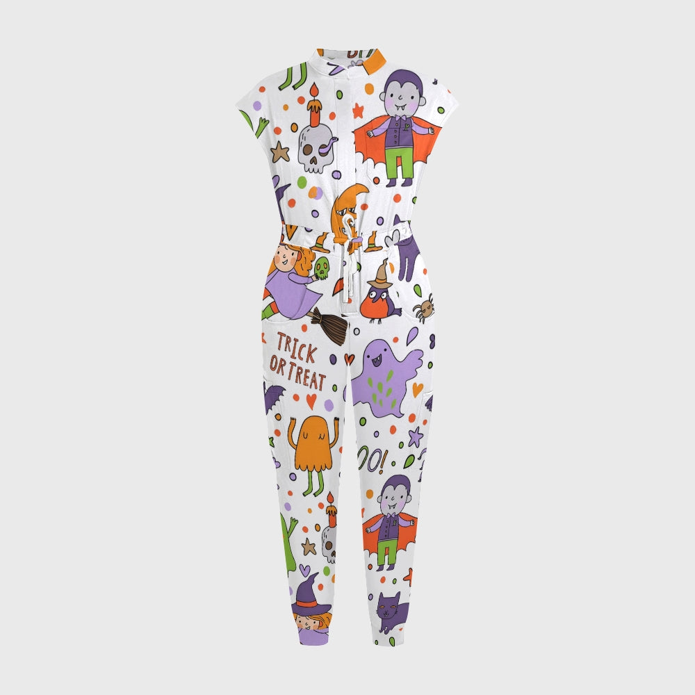 Women's Twelve Pockets Jogger Halloween Printed Scrub Jumpsuit SJ9174
