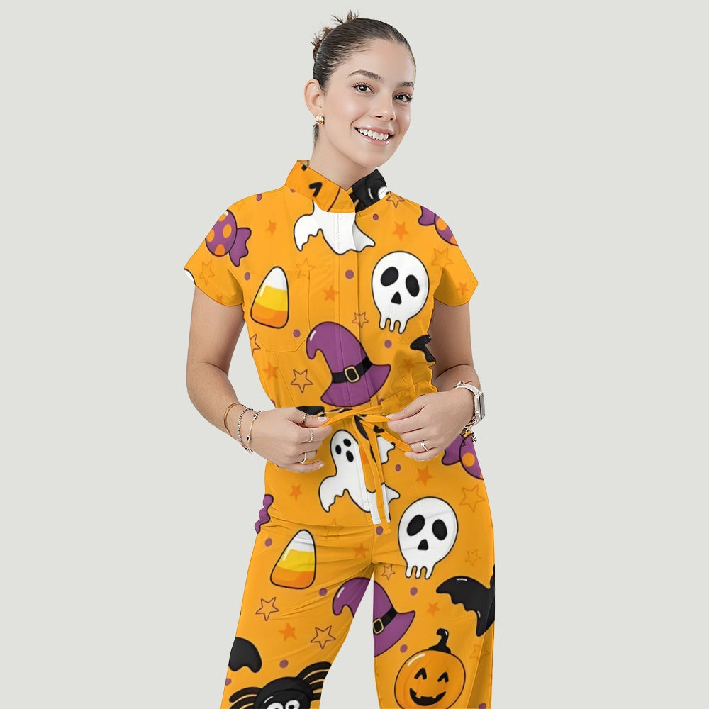 Women's Stand Collar Waist Tie Halloween Print Scrub Jumpsuit SJ91716