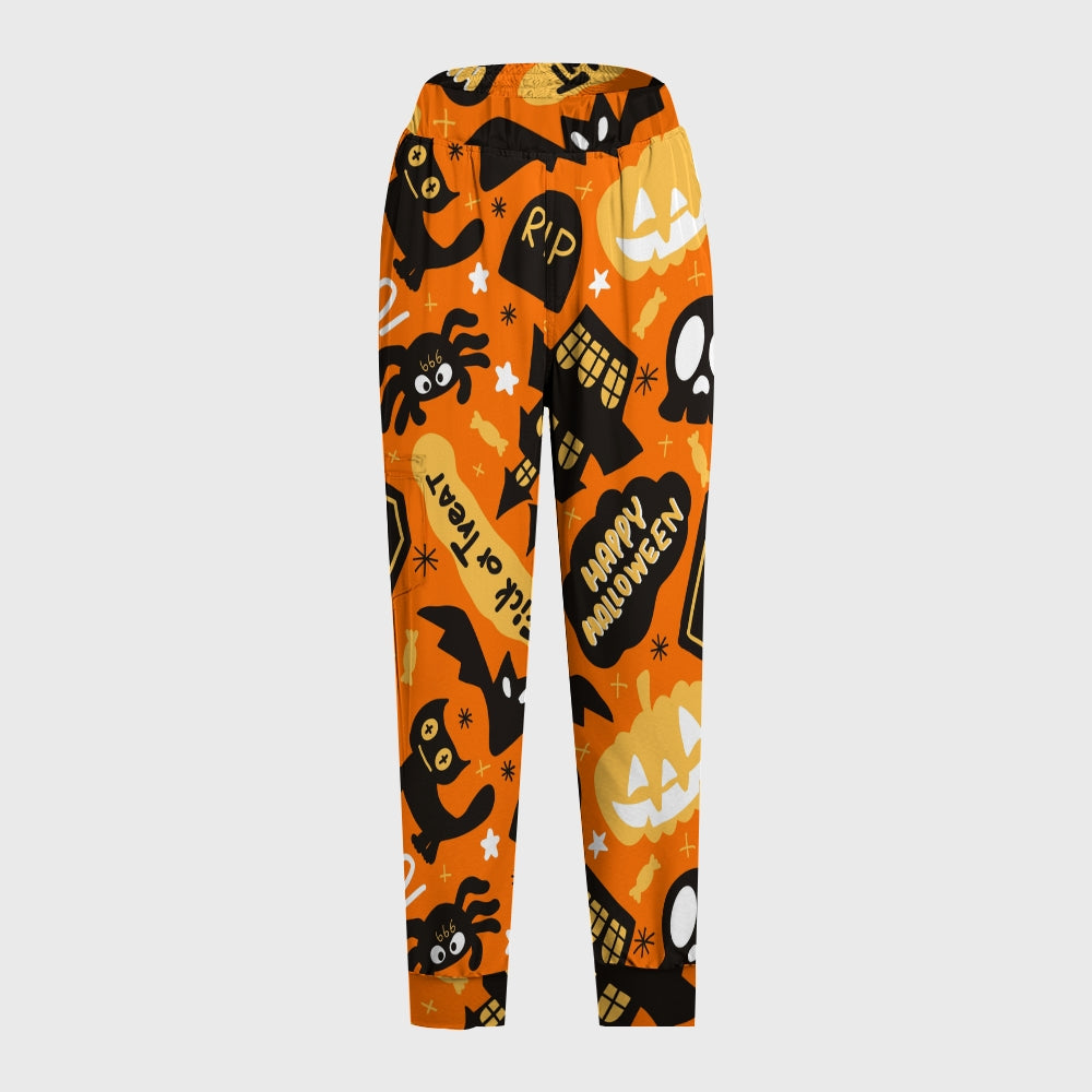 Women's Open Collar Halloween Printed Scrub Set SH9257