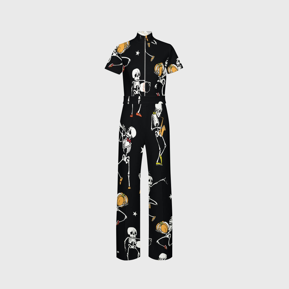 Women's Slim Fit Wide Leg Zip Neck Halloween Printed Scrub Jumpsuit SJ9255