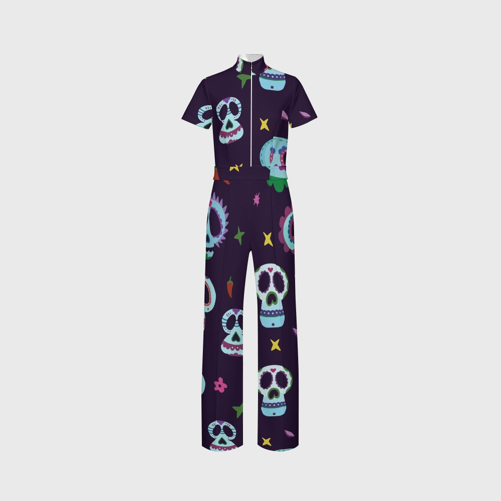 Women's Slim Fit Wide Leg Zip Neck Halloween Printed Scrub Jumpsuit SJ92510