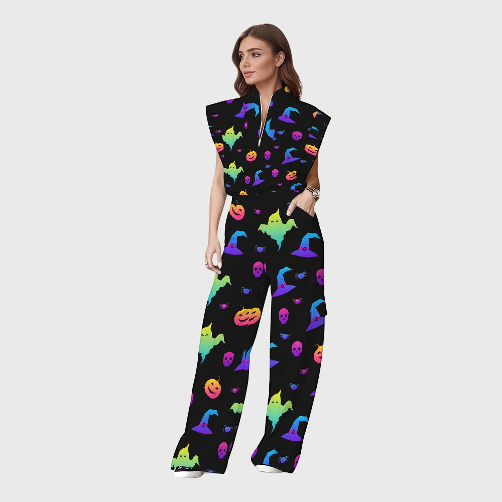 Women's Stand-Up Tie Zipper Halloween Printed Scrub Set SW9271
