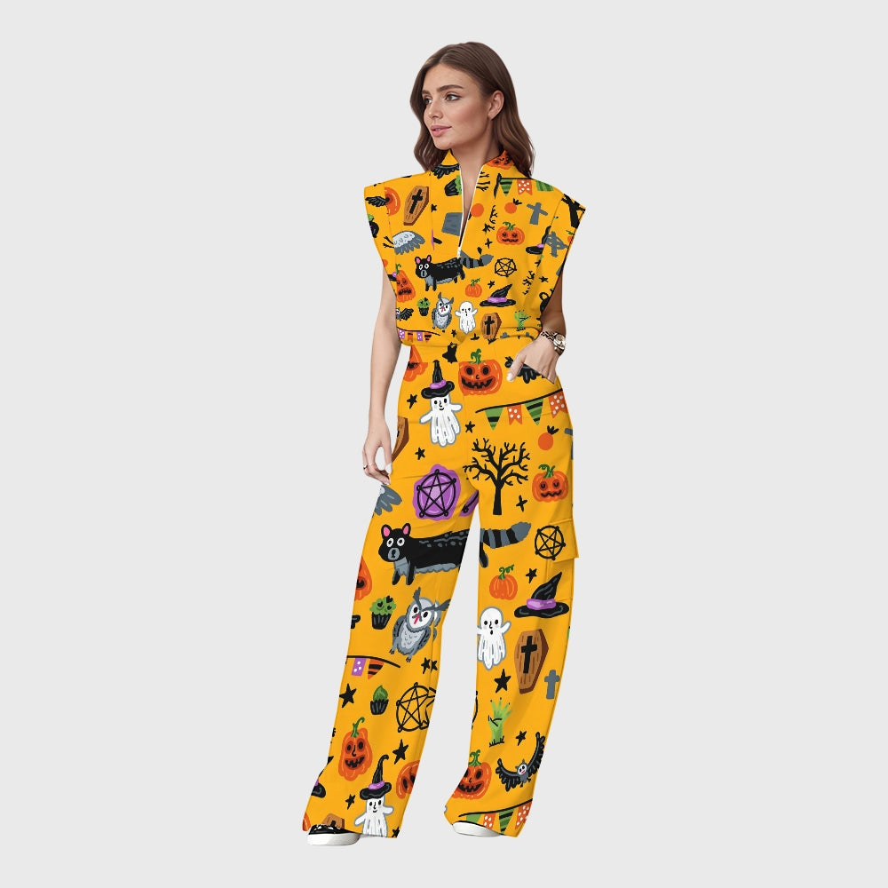 Women's Stand-Up Tie Zipper Halloween Printed Scrub Set SW9274