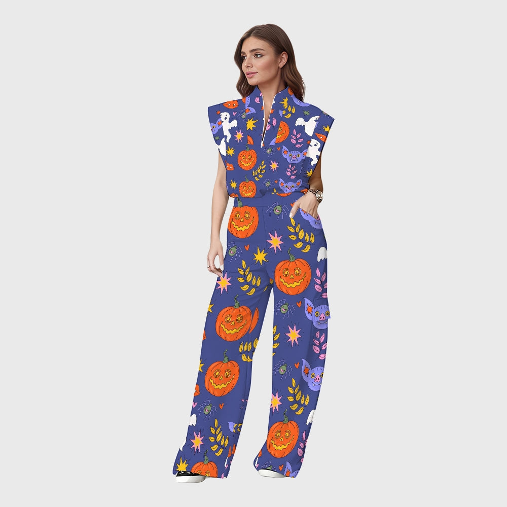 Women's Stand-Up Tie Zipper Halloween Printed Scrub Set SW9275