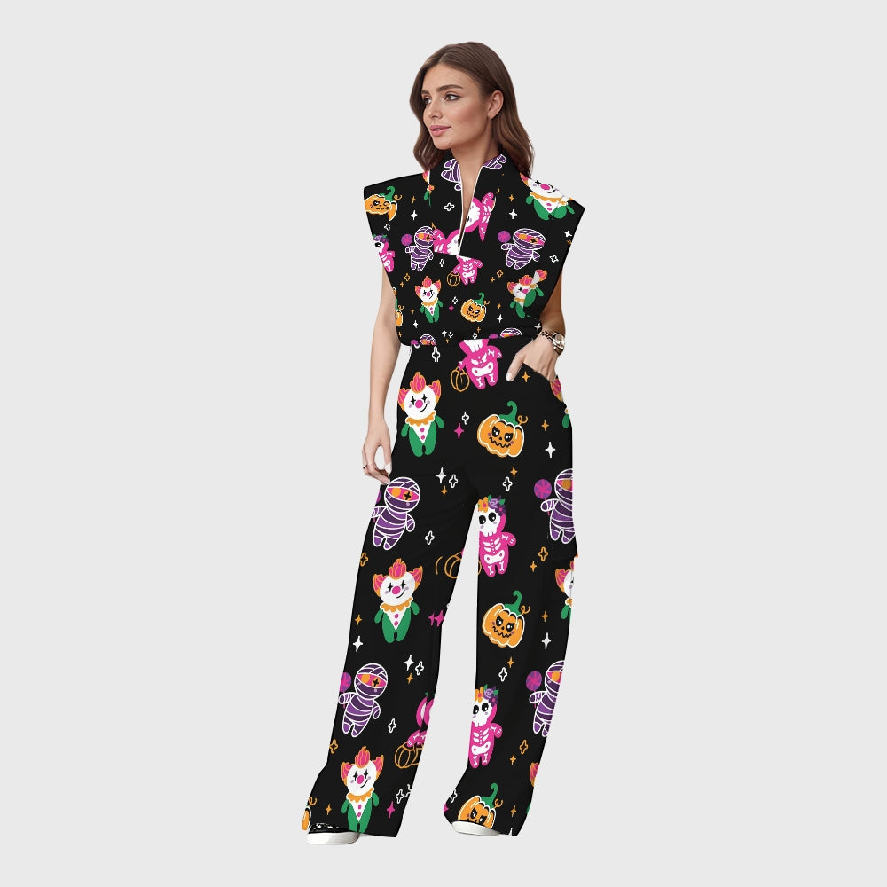 Women's Stand-Up Tie Zipper Halloween Printed Scrub Set SW9276