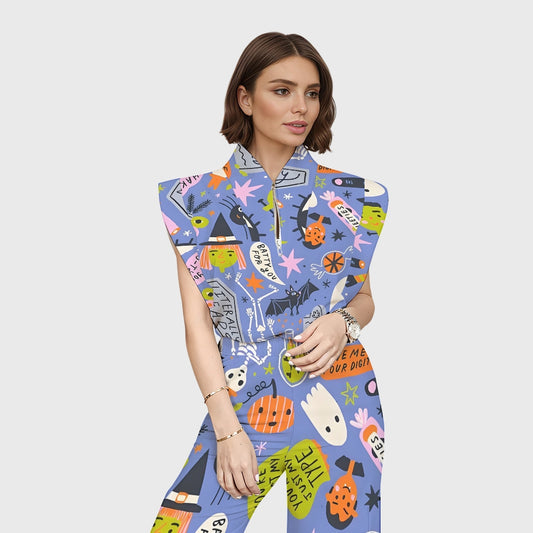 Women's Stand-Up Tie Zipper Halloween Printed Scrub Set SW9278