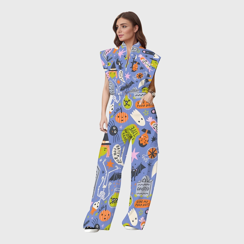 Women's Stand-Up Tie Zipper Halloween Printed Scrub Set SW9278