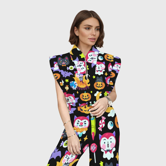 Women's Stand-Up Tie Zipper Halloween Printed Scrub Set SW92710