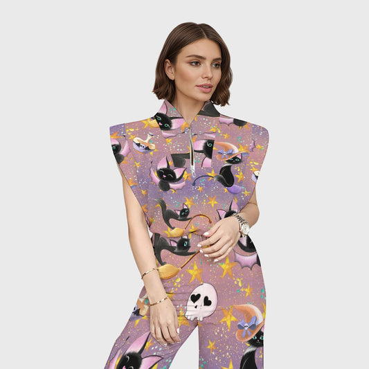 Women's Stand-Up Tie Zipper Halloween Printed Scrub Set SW92711