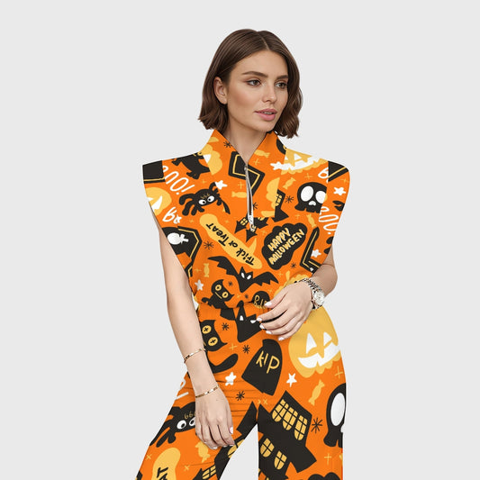 Women's Stand-Up Tie Zipper Halloween Printed Scrub Set SW92712