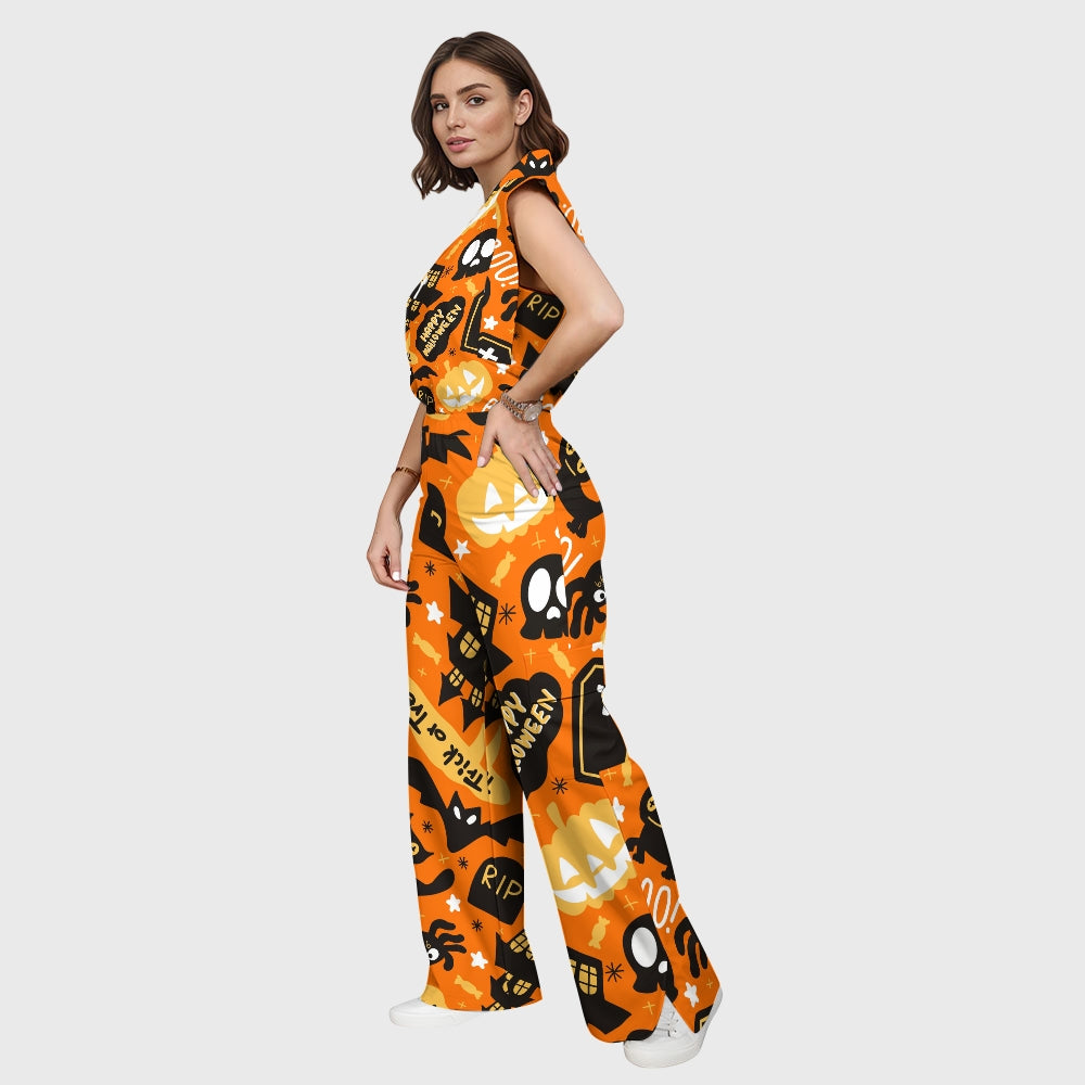 Women's Stand-Up Tie Zipper Halloween Printed Scrub Set SW92712