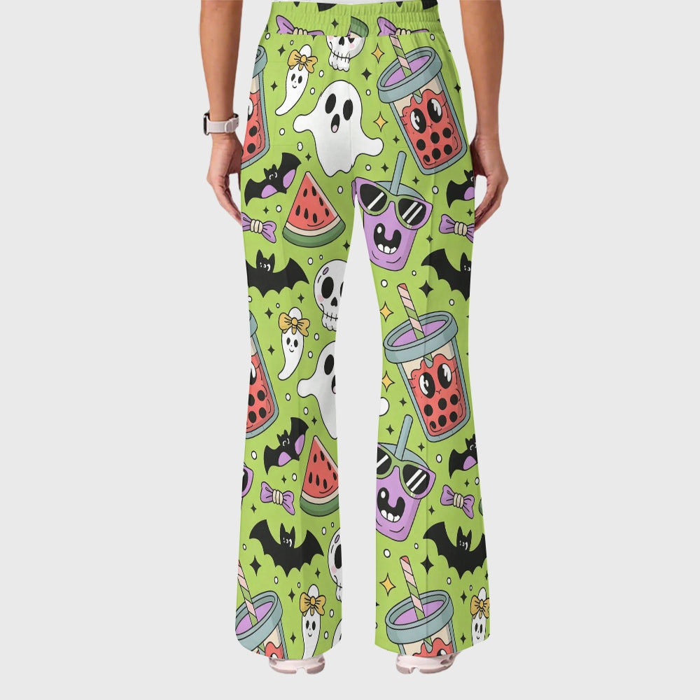 Women's Casual Shirt Collar Halloween Printed Scrub Set SJ9271