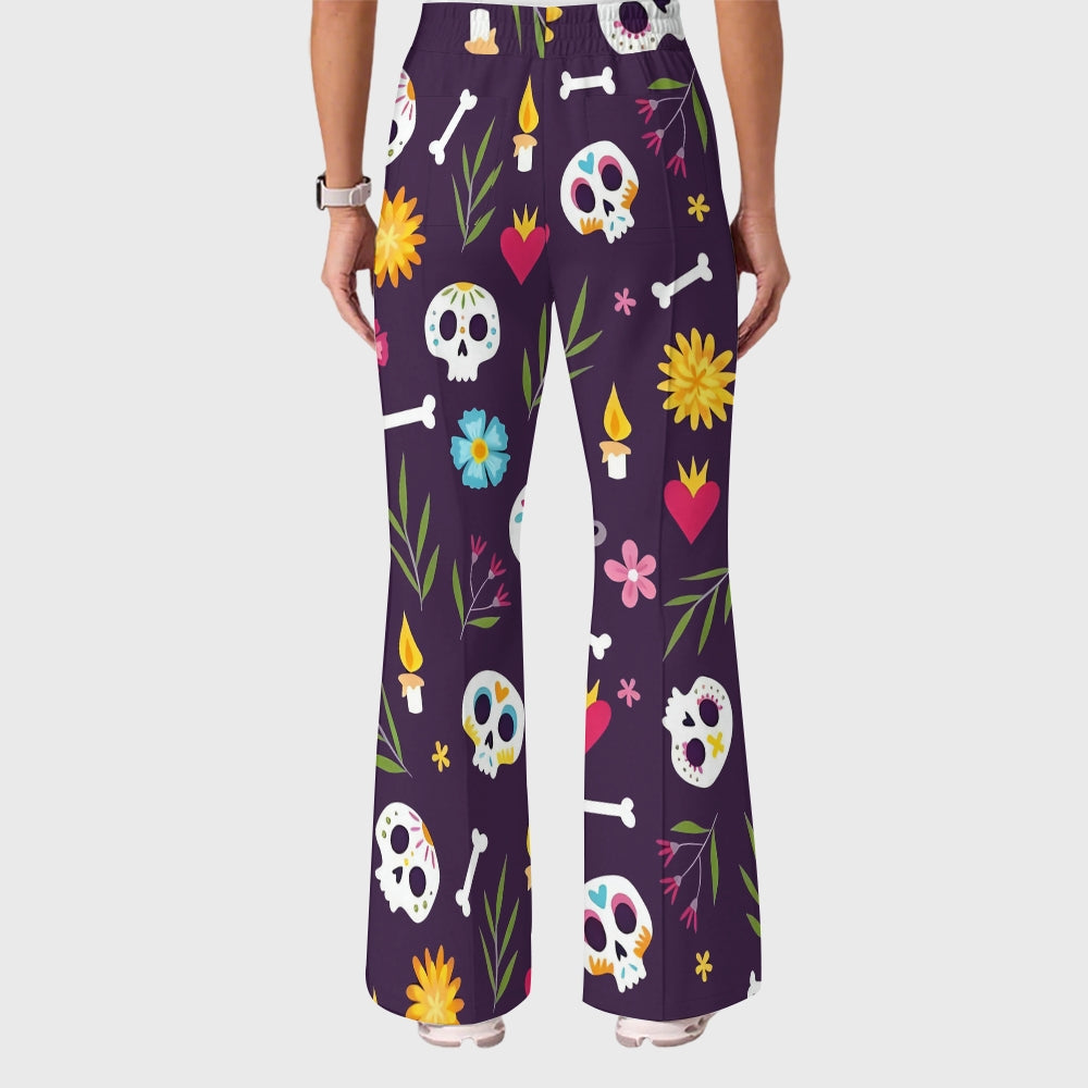 Women's Casual Shirt Collar Halloween Printed Scrub Set SJ9278
