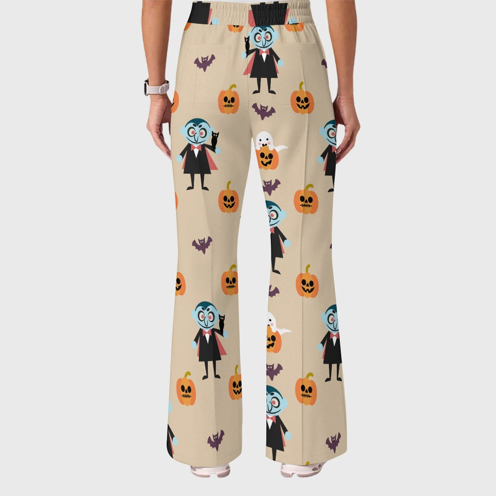 Women's Casual Shirt Collar Halloween Printed Scrub Set SJ92715