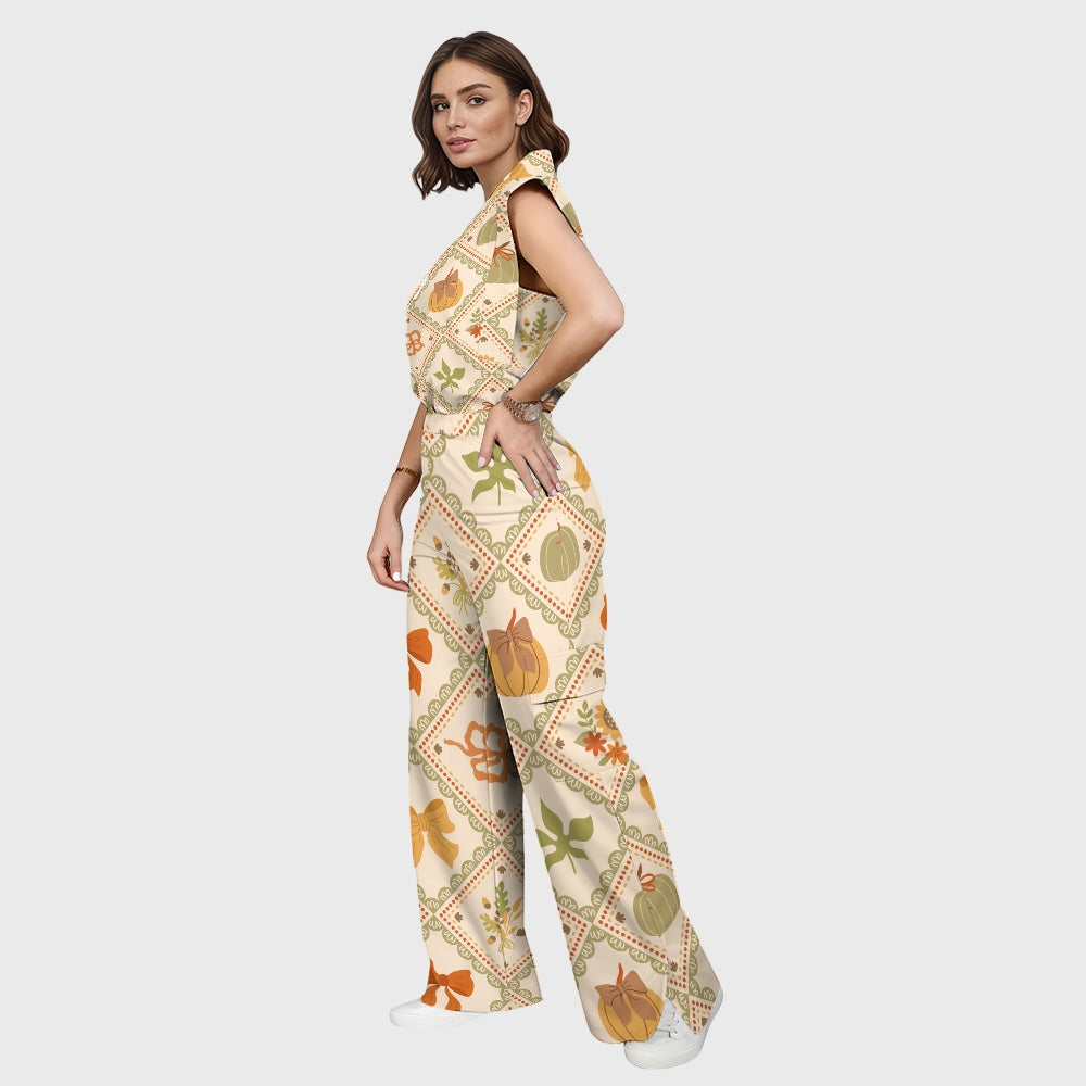 Women's Stand-Up Tie Zipper Halloween Printed Scrub Set SW92714