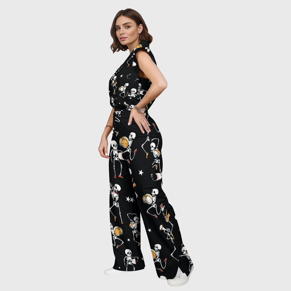 Women's Stand-Up Tie Zipper Halloween Printed Scrub Set SW92716