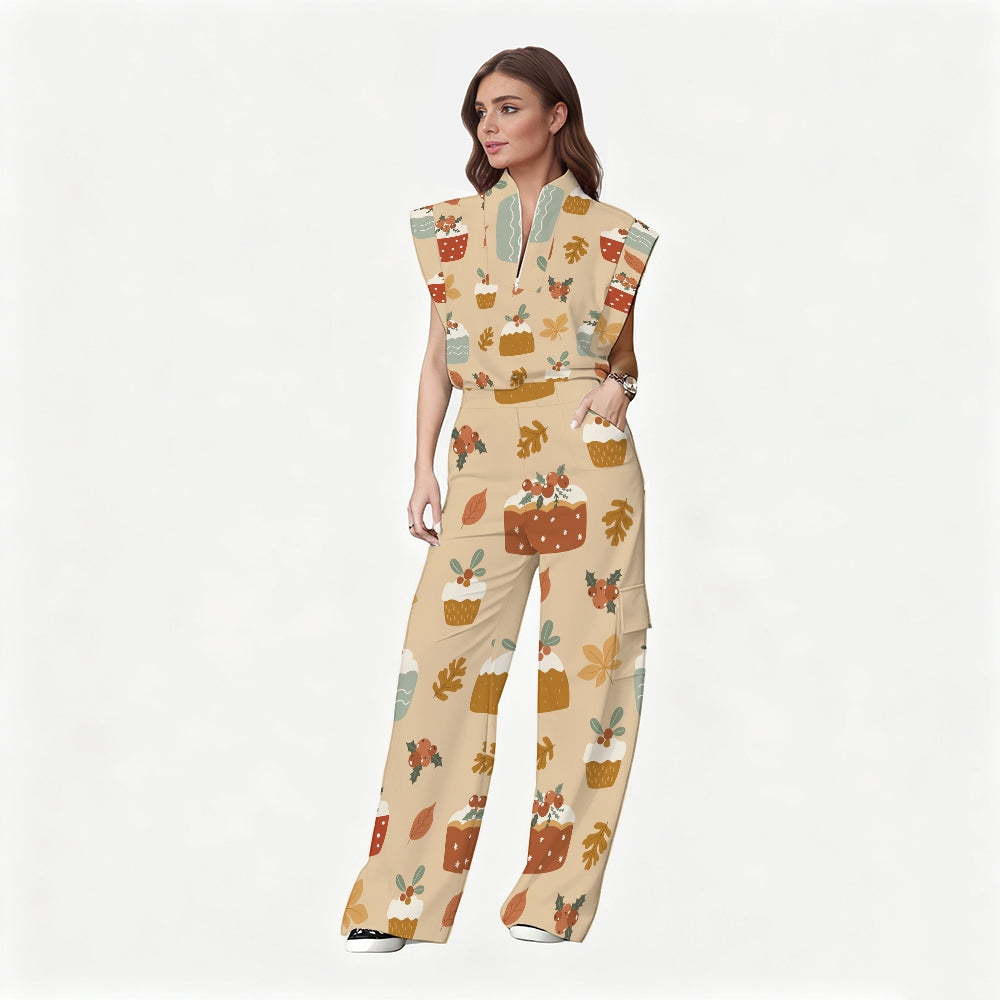 Women's Stand-Up Tie Zipper Halloween Printed Scrub Set SW92717