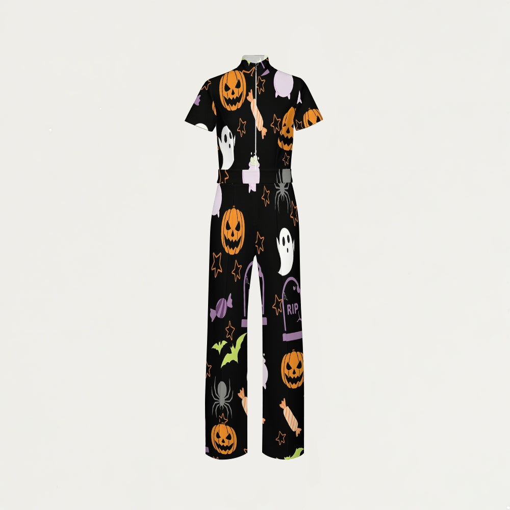 Women's Slim Fit Wide Leg Zip Neck Halloween Printed Scrub Jumpsuit JW10144