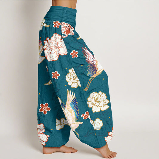 Print Cranes Peonies Pattern Women's Elastic Waist Harem Pure Cotton Pants