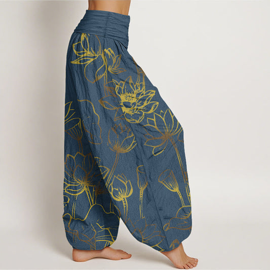 Print Lotus Flowers Leaves Pattern Women's Elastic Waist Harem Cotton Pants