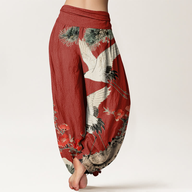 Print Cranes Plum Blossoms Pattern Women's Elastic Waist Harem Cotton Pants