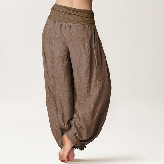 Pure Cotton Plain Tan Women's Elastic Waist Harem Pants