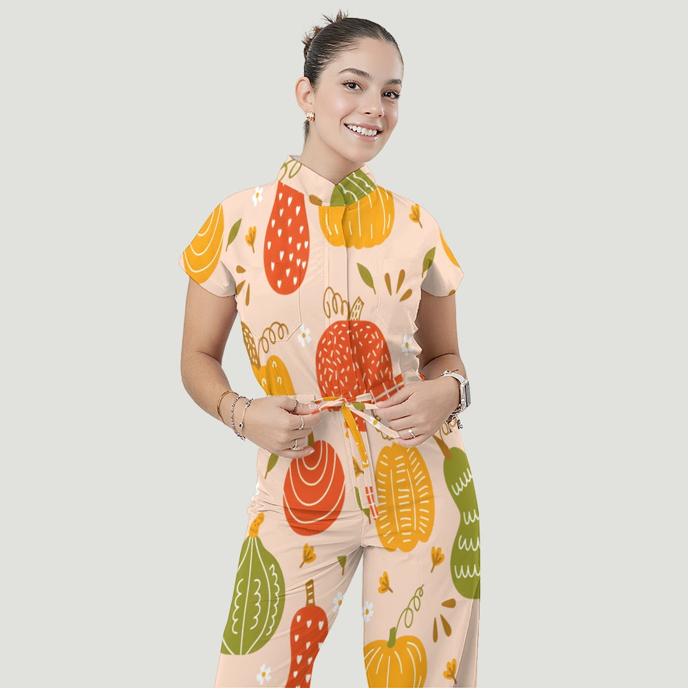 Women's Relaxed Fit Thanksgiving Day Print Scrub Jumpsuit TJ10171