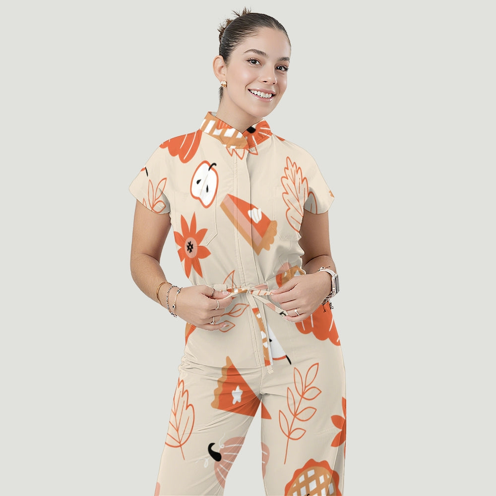 Women's Relaxed Fit Thanksgiving Day Print Scrub Jumpsuit TJ10174