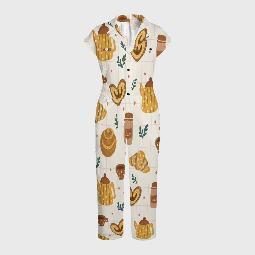 Women's Button-Up Thanksgiving Day Print Scrub Jumpsuit TJ101712