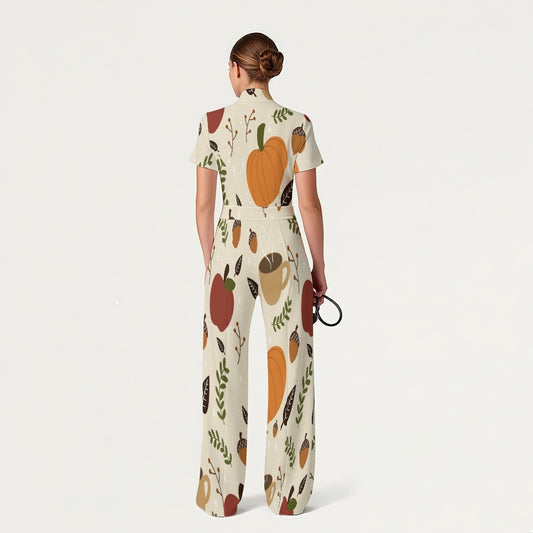 Women's Slim Fit Thanksgiving Day Print Scrub Jumpsuit TJ10207