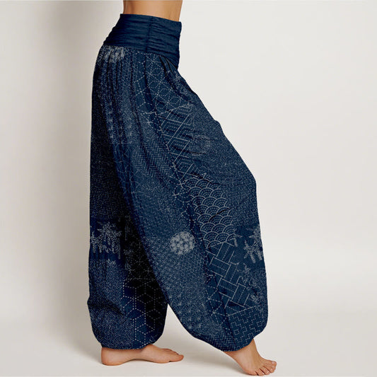 Geometric Pattern Women's Elastic Waist Harem Pure Cotton Printed Pants