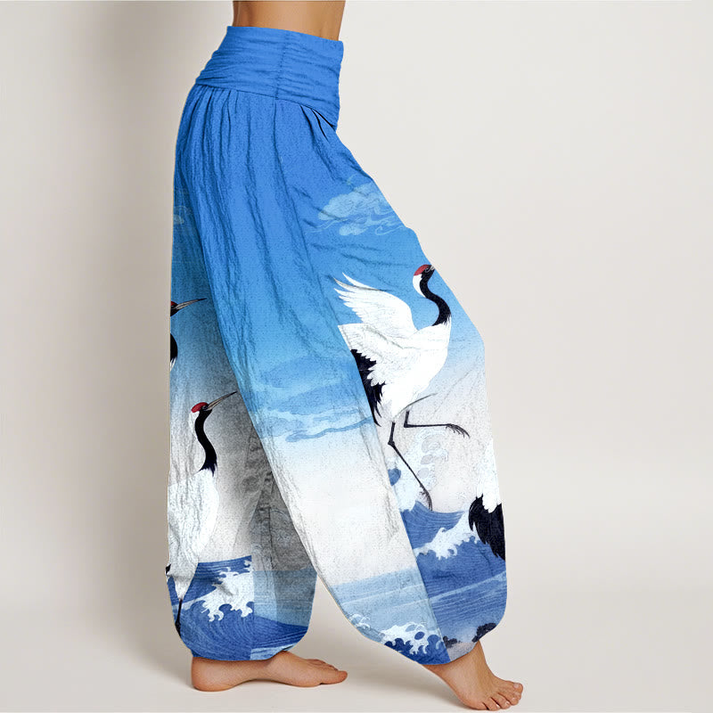 Pure Cotton Cranes Auspicious Clouds Ocean Women's Elastic Waist Harem Pants