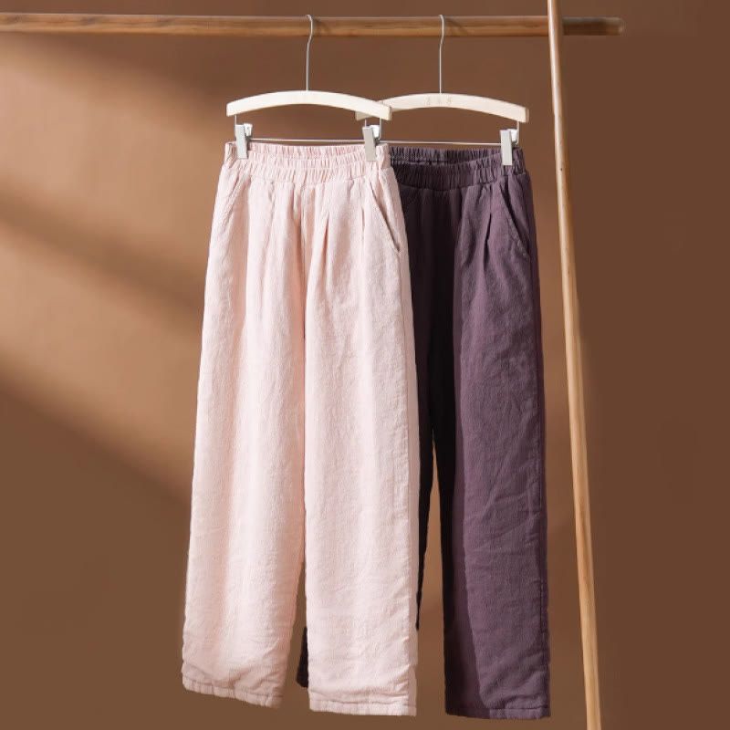 Winter Plain Cotton Thermal Women's Wide Leg Pants With Pockets