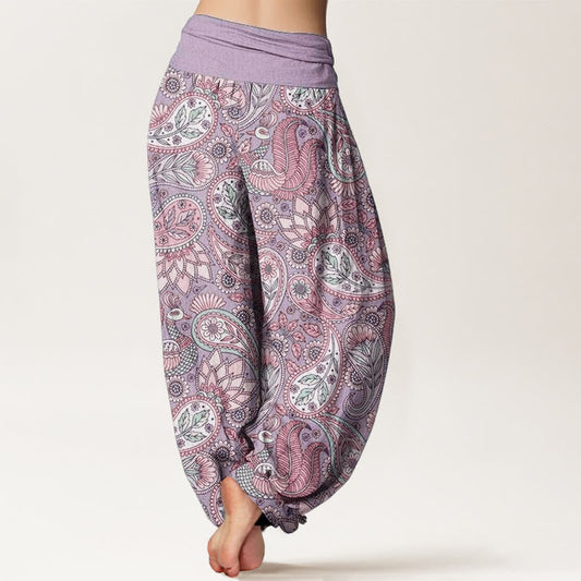 Pure Cotton Cashew Flower Peacock Sunflower Design Women's Elastic Waist Harem Pants