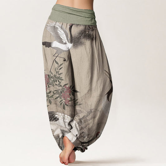 Cotton Casual Red-crowned Crane Pine Tree Mountain Women's Elastic Waist Harem Pants