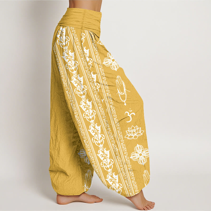 Cotton Lotus Flowers Double Dorje Vajra Namaste Om Design Women's Elastic Waist Harem Pants