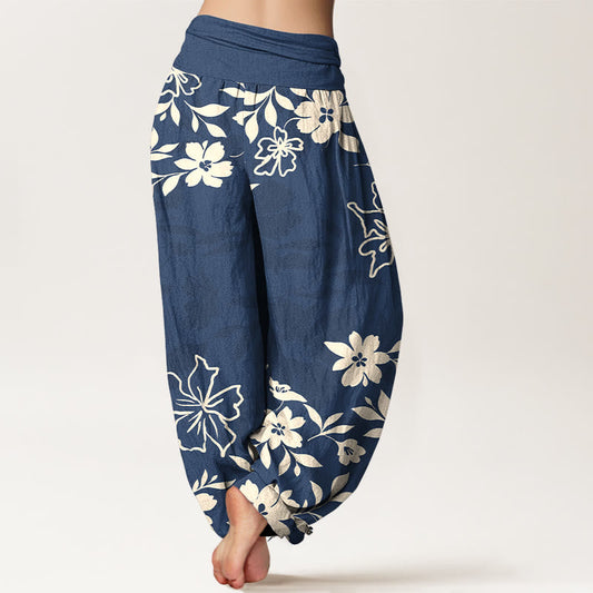 Cotton Retro Simple Flowers Leaves Pattern Women's Elastic Waist Harem Pants
