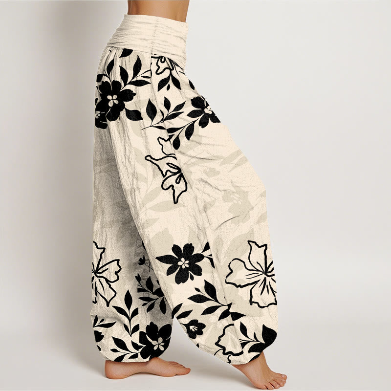 Cotton Retro Simple Flowers Leaves Pattern Women's Elastic Waist Harem Pants