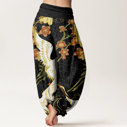 Pure Cotton Cranes Flowers Auspicious Clouds Pattern Women's Elastic Waist Harem Pants